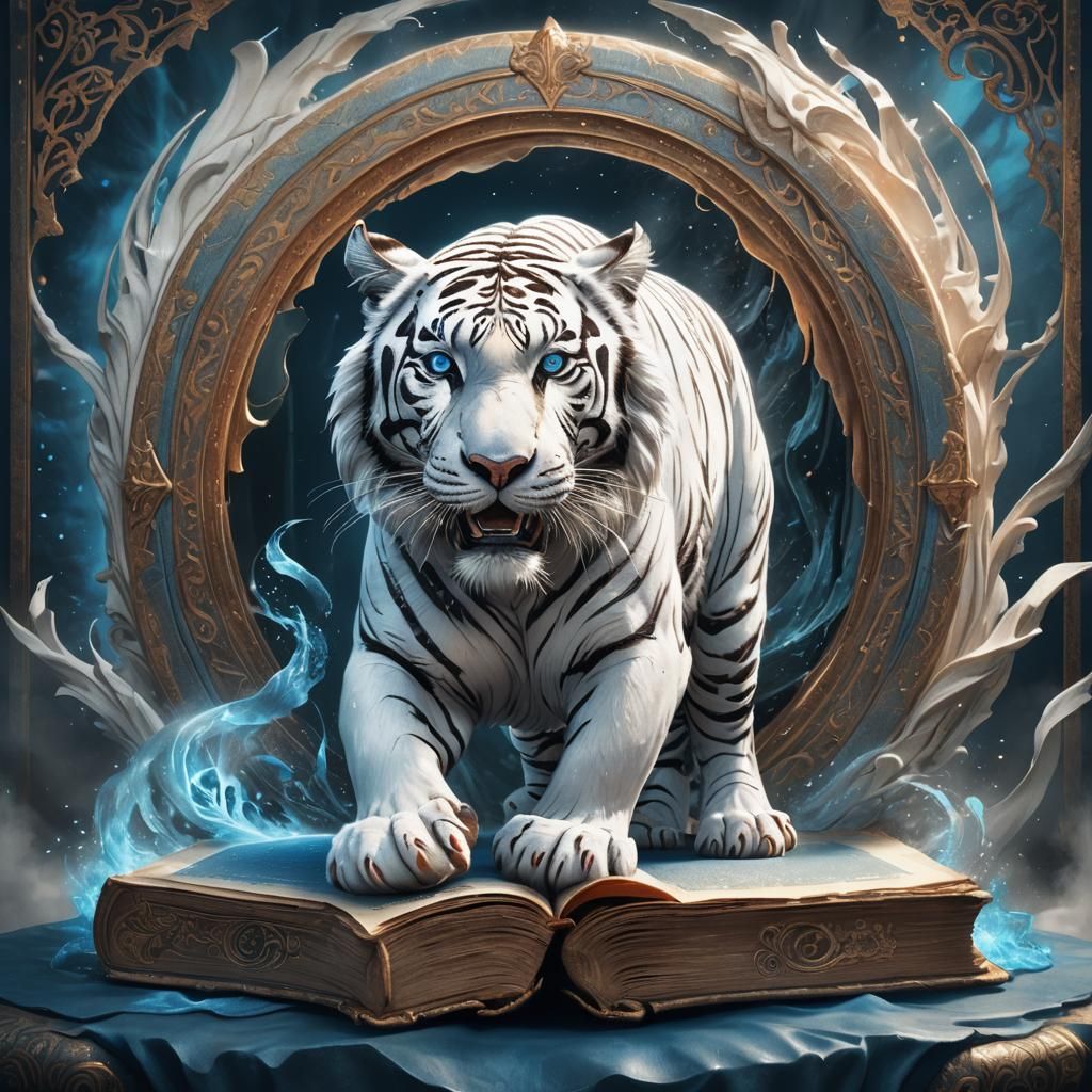 White Tiger Emerges from Magical Book as Digital Art