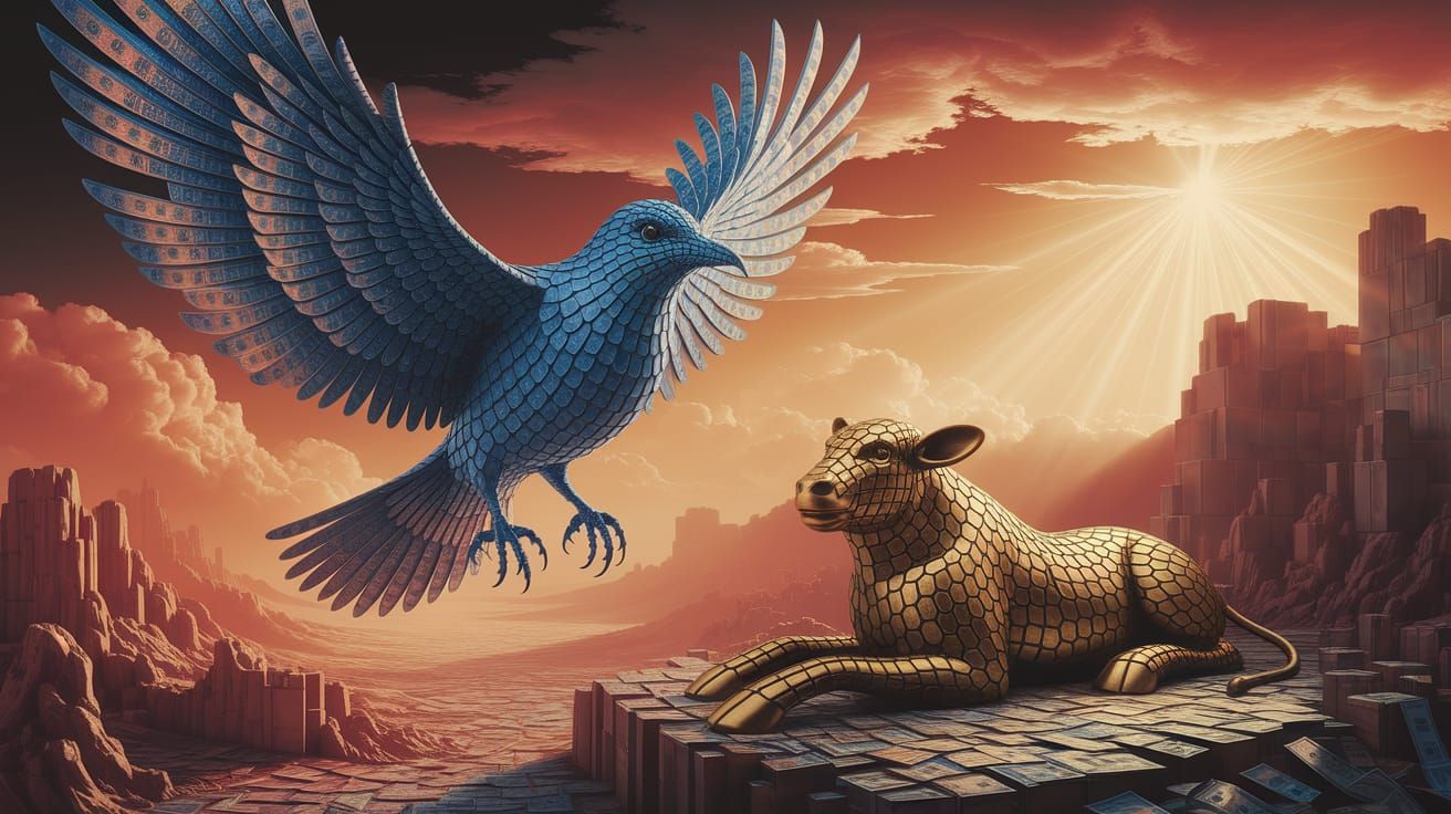 Giant Banknote Bird Soaring Over Surreal Landscape