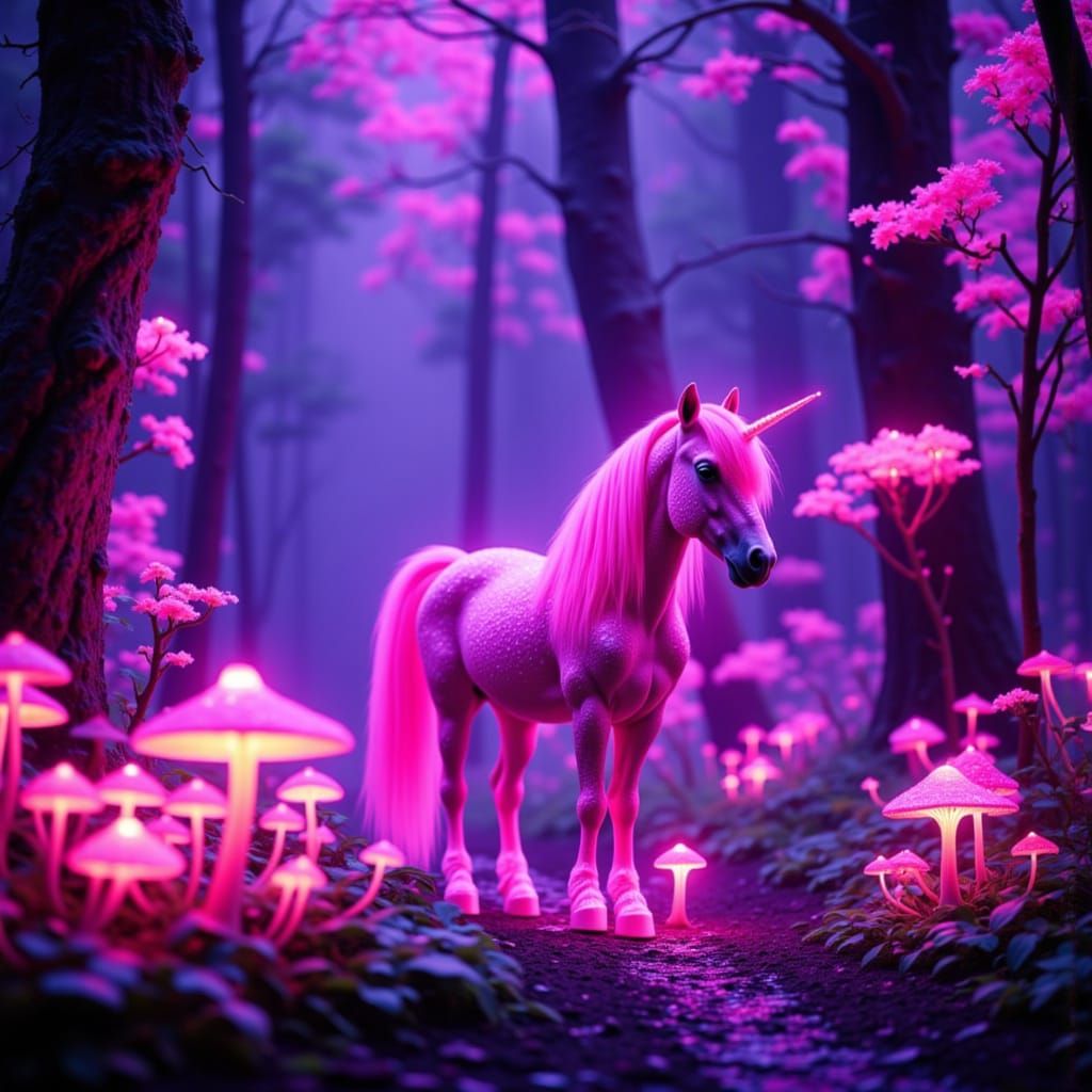 Pink Unicorn in Neon Forest Fantasy Art