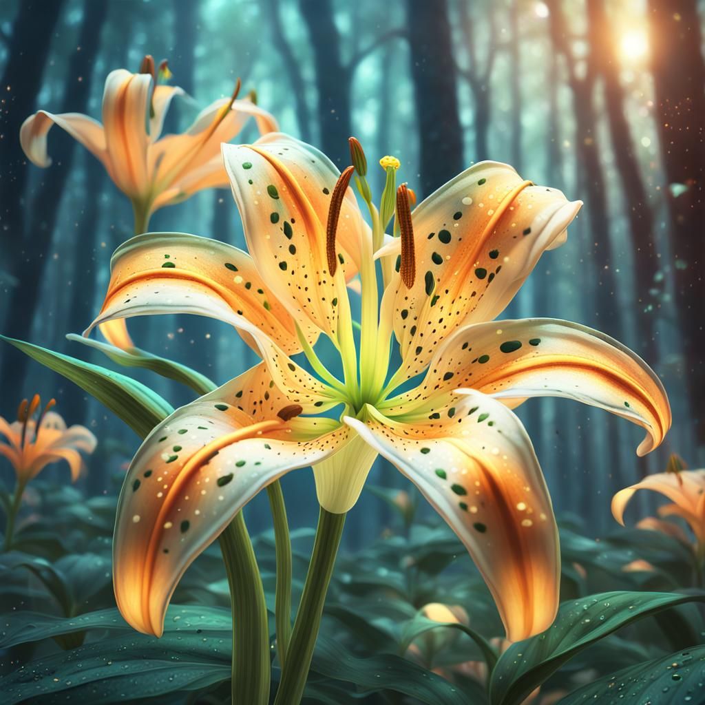 Mystifying Tiger Lily in Glowing Forest: 3D Anime Art
