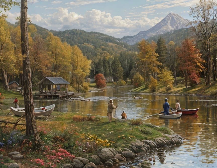 Autumn Park Scene with Fisherman in Boat