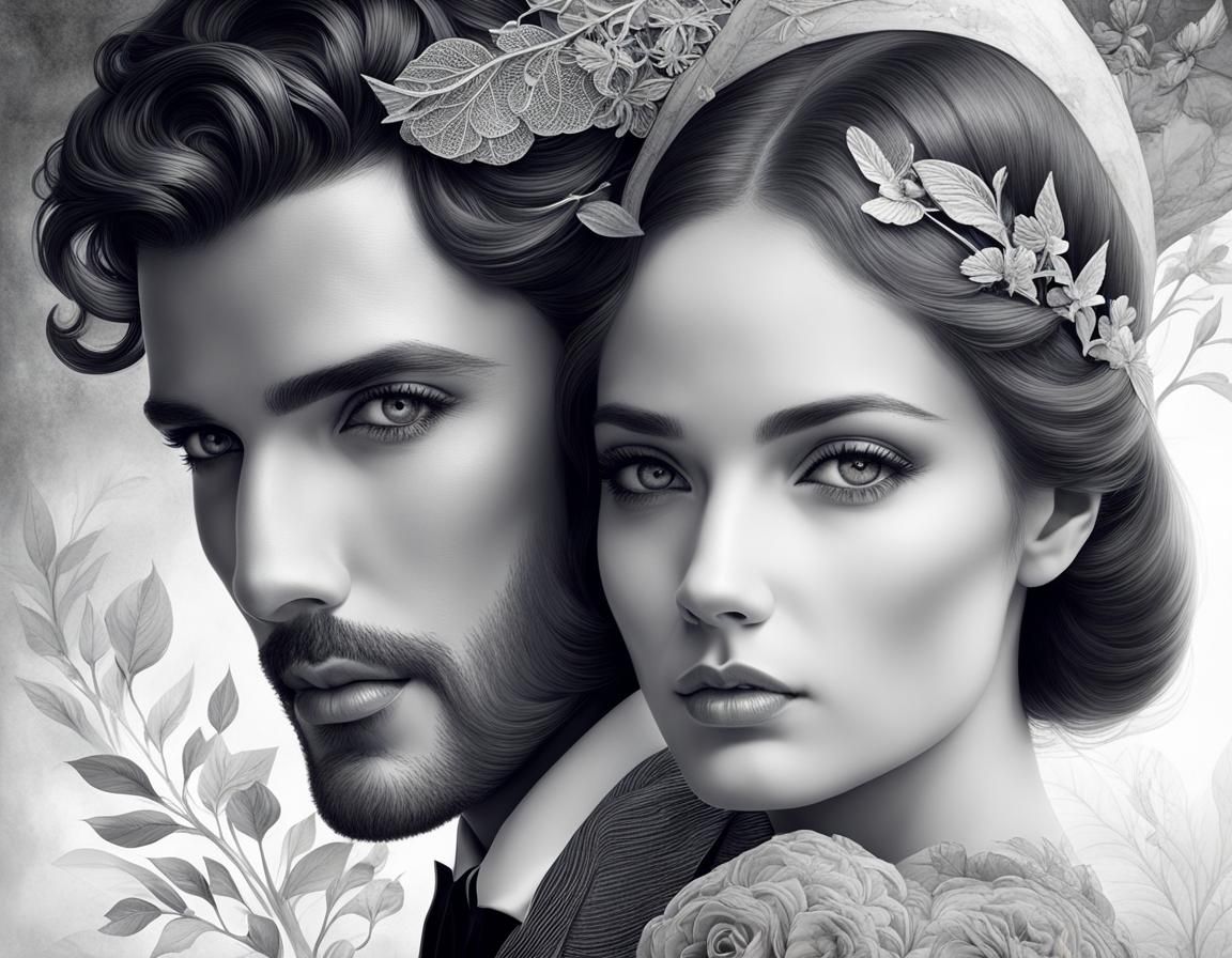 BW Portrait of couple Beautiful Woman, Handsome Manly Man