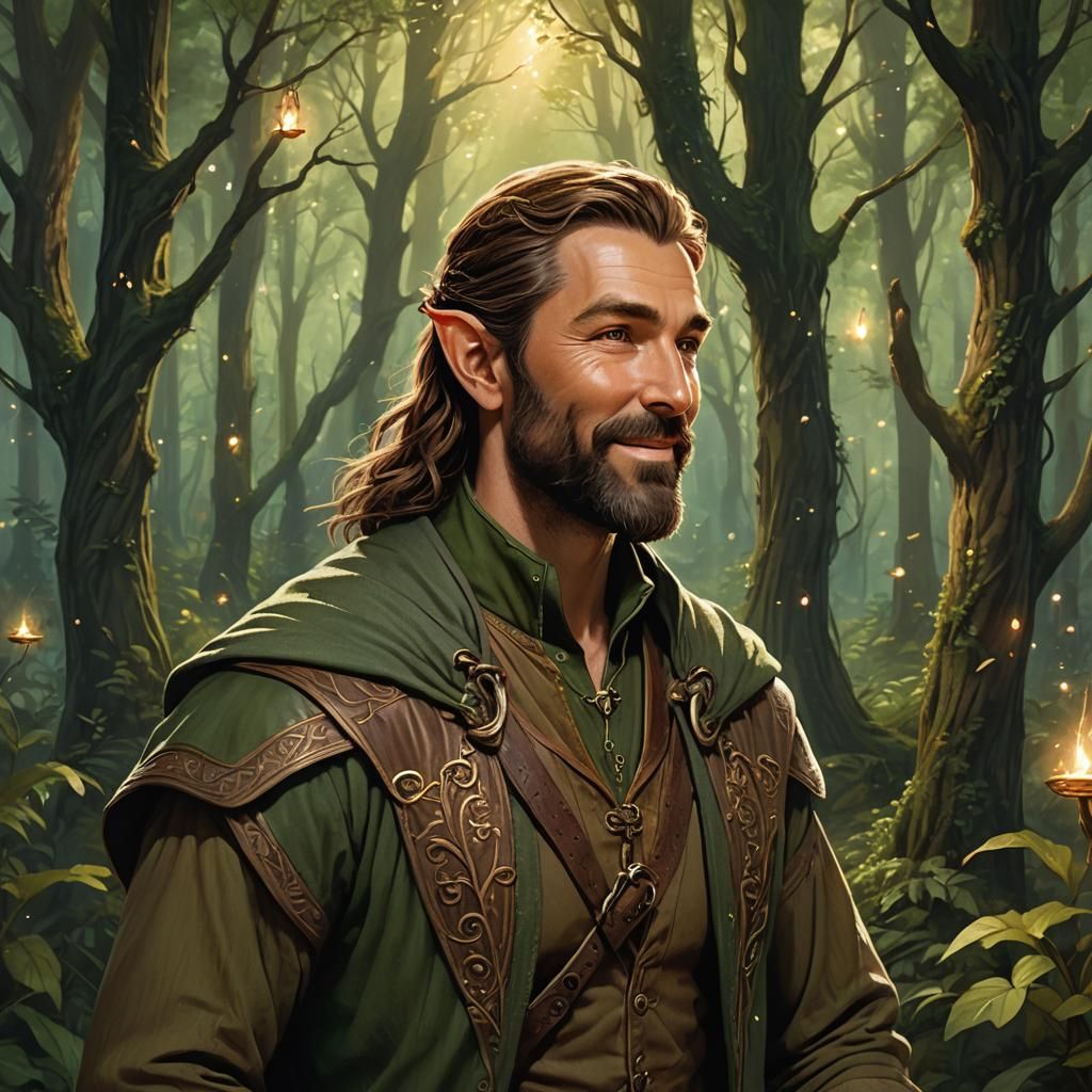 Smiling Elf in Enchanted Forest, Fractal Art