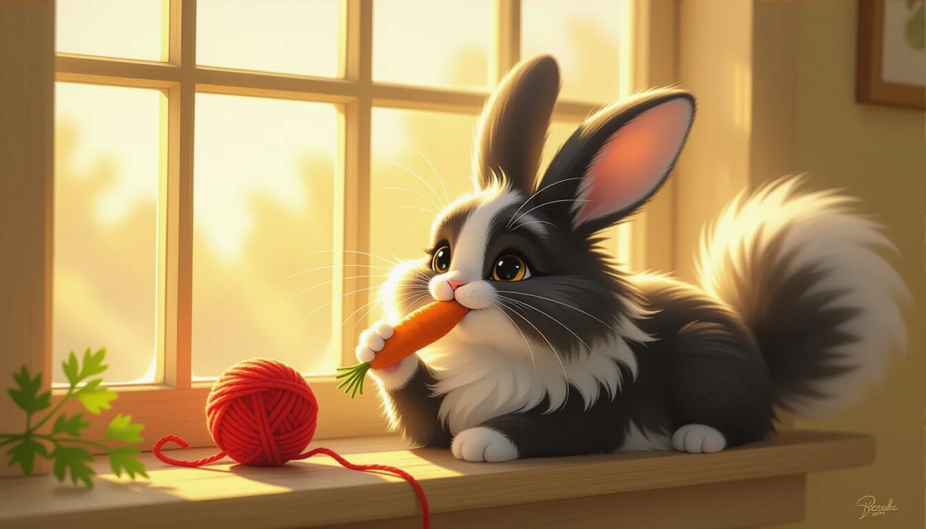 Fluffy Cabbit Relaxing on Sunlit Windowsill