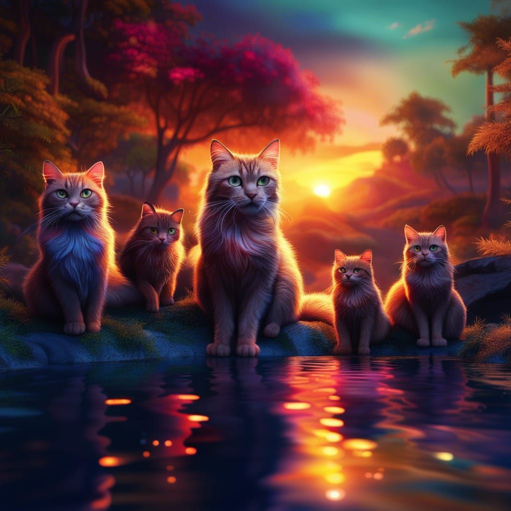 Cats with Shiny Eyes at Sunset in Nature