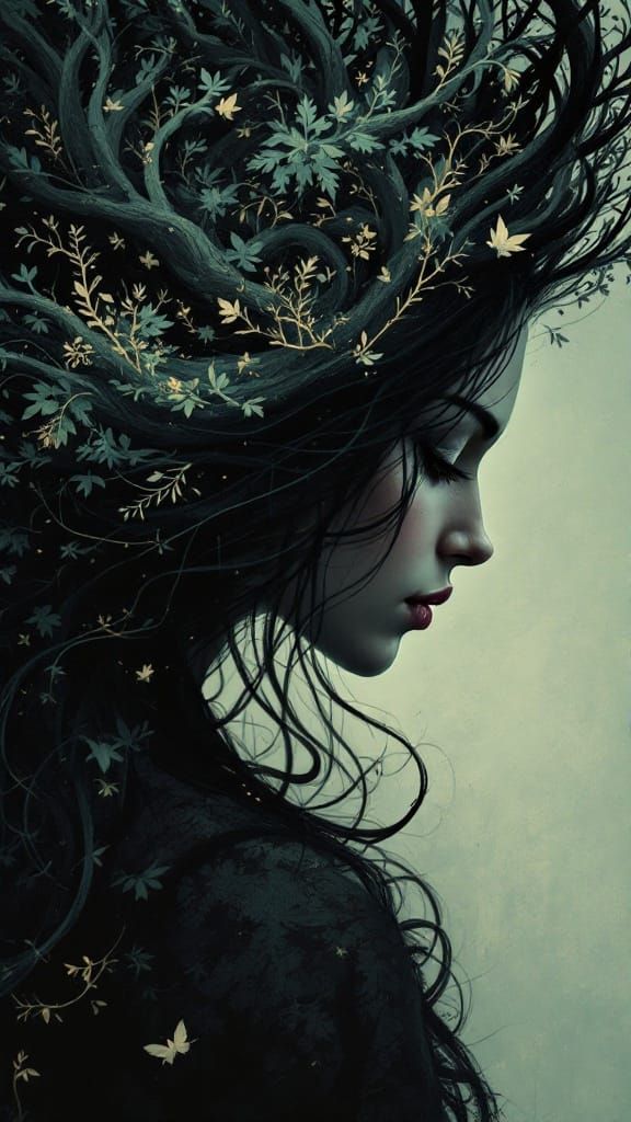 Whimsical Dark Forest Goddess in Profile