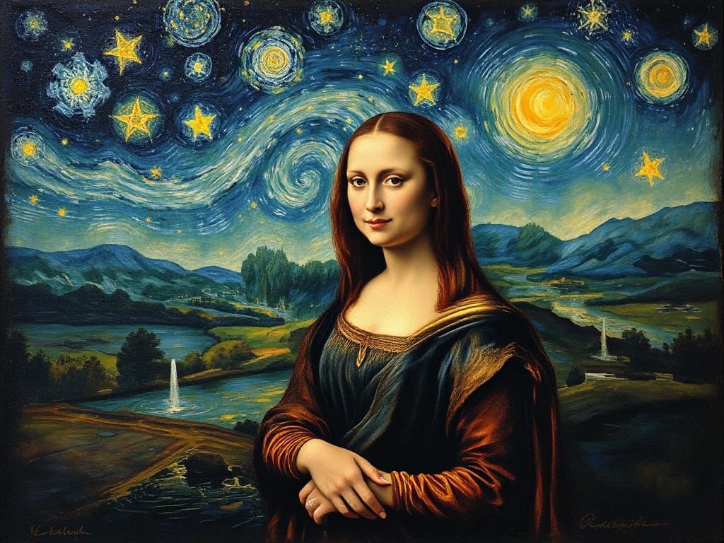 Mona Lisa in Starry Night, Van Gogh Style