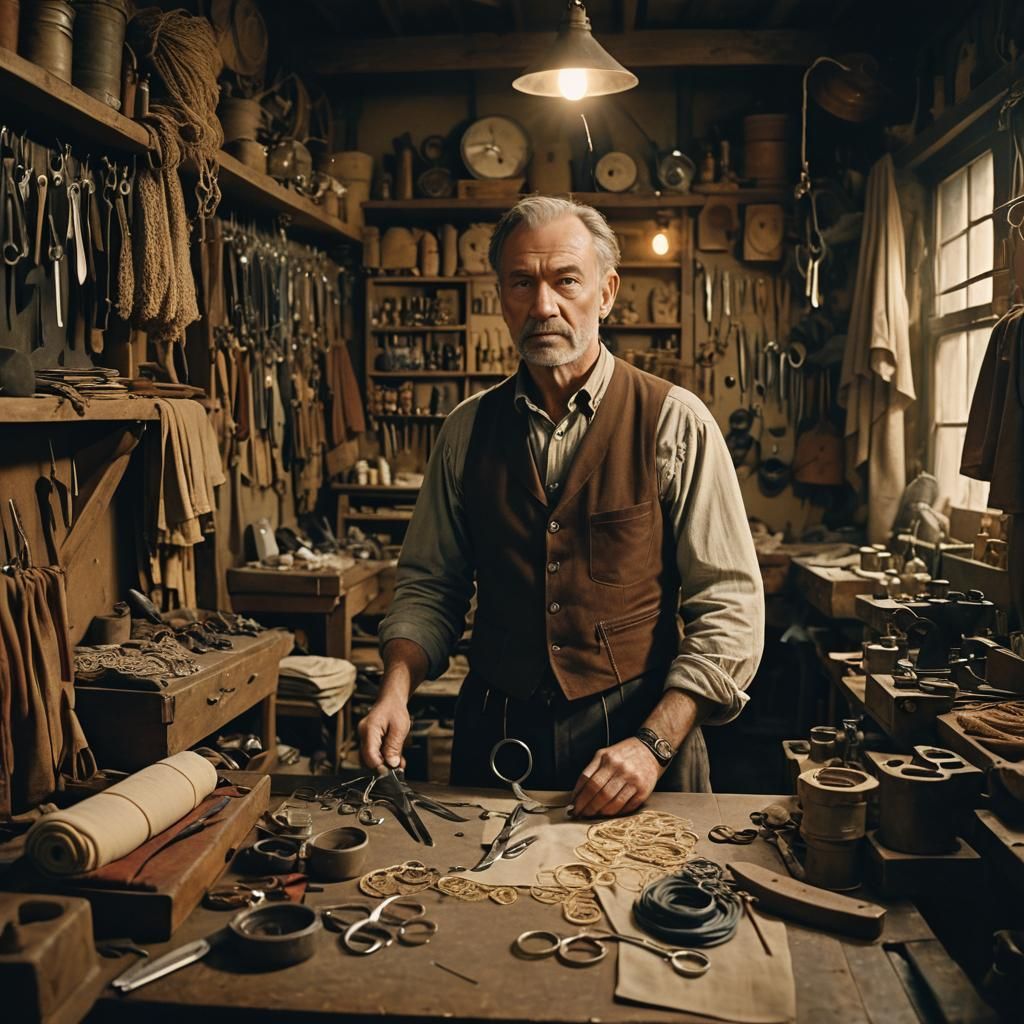 Determined Tailor in Workshop, Cinematic Still