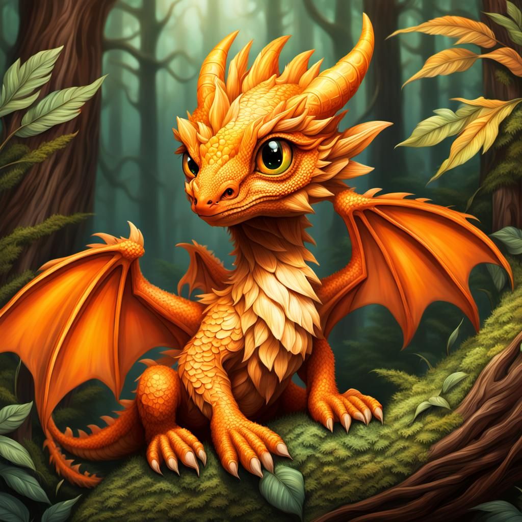 Cute Orange Dragon in Peaceful Forest, Digital Art