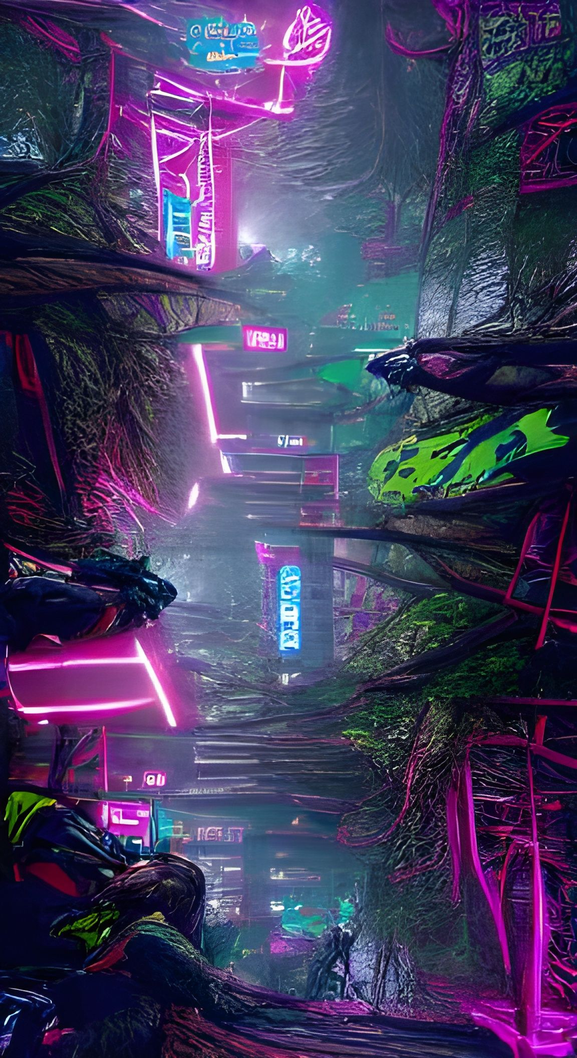 Cyberpunk Forest in Neon Post-Apocalypse