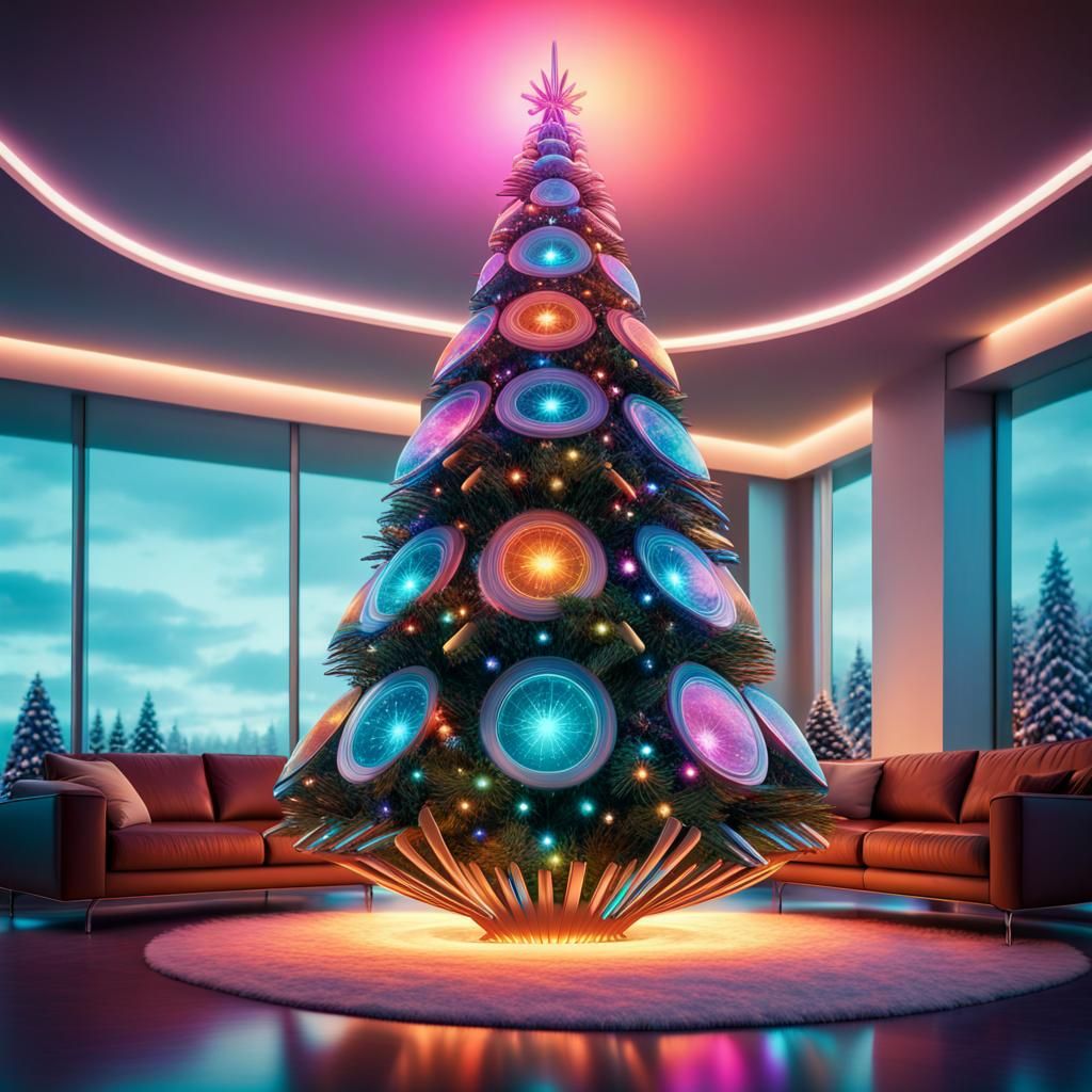Futuristic Christmas Tree in Ultra-Modern Living Room