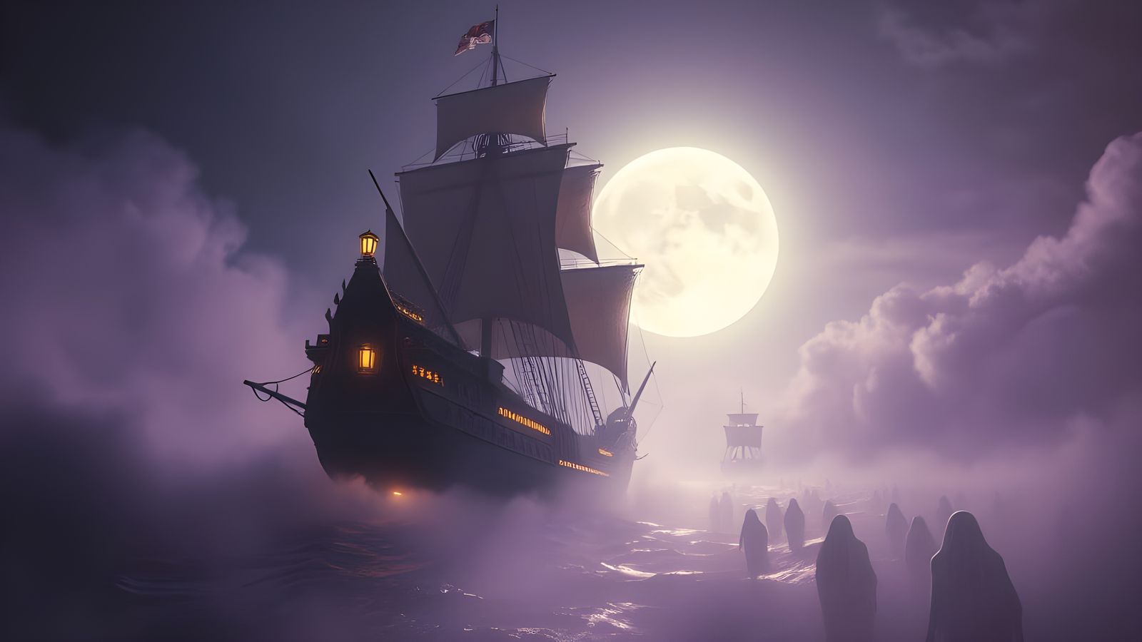 Ethereal Ghost Ship Sails Towards Pale White Moon
