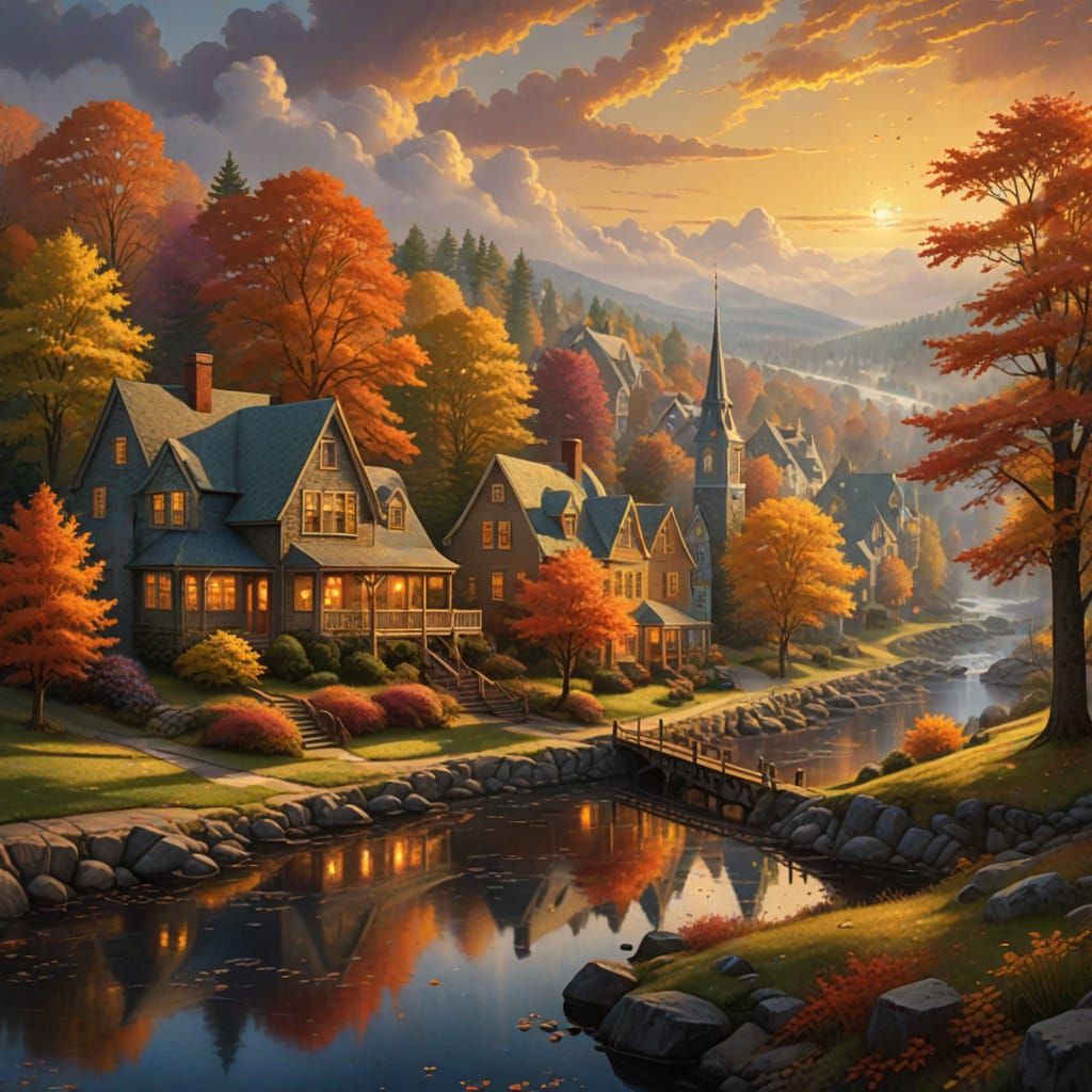 Ethereal New England Town in Autumn Colors