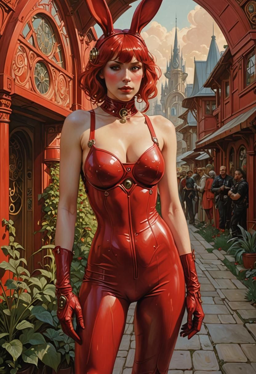 Woman, Space Marine, Alien Village in Art Nouveau Style