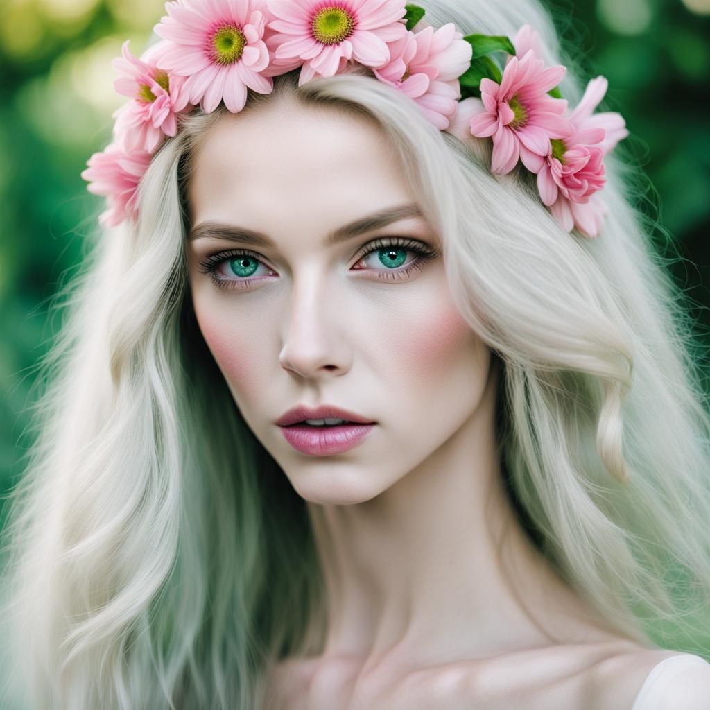 Portrait of White-Haired Woman with Flowers