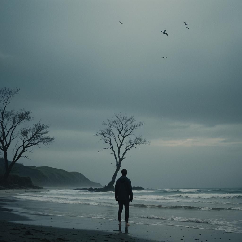 Man on a Dark Blue Beach at Sunset