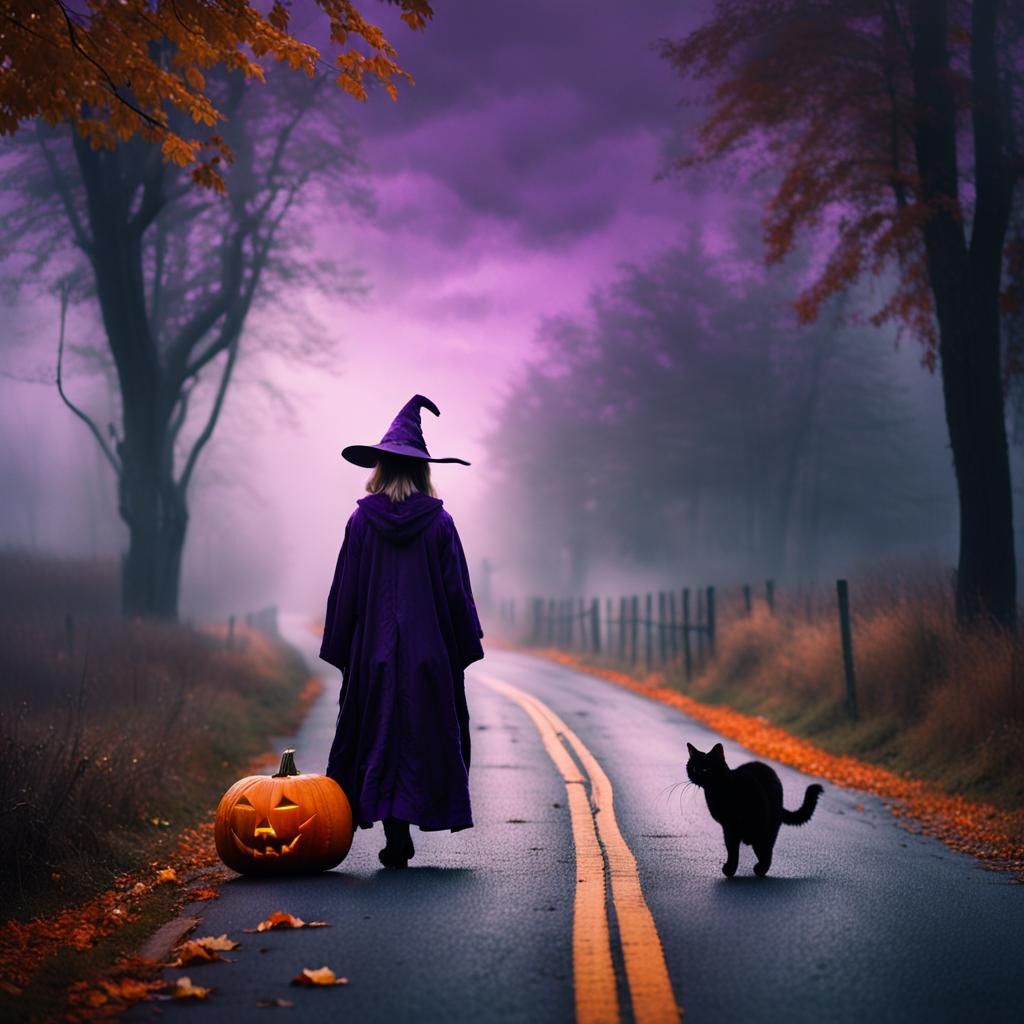 Young Witch and Black Cat in Autumn Fantasy Photo