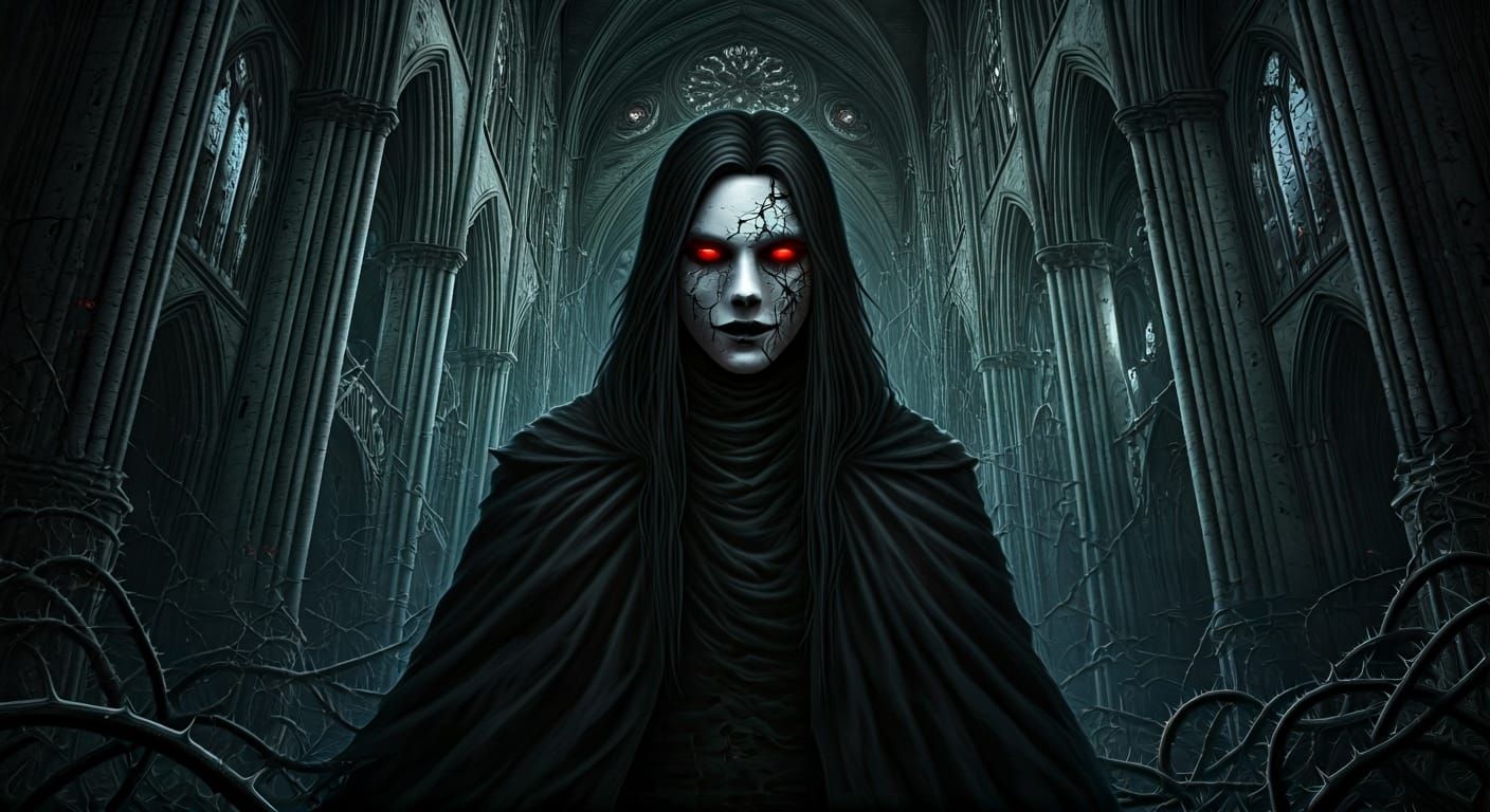 Sinister Figure in Gothic Cathedral, Dark Surrealism