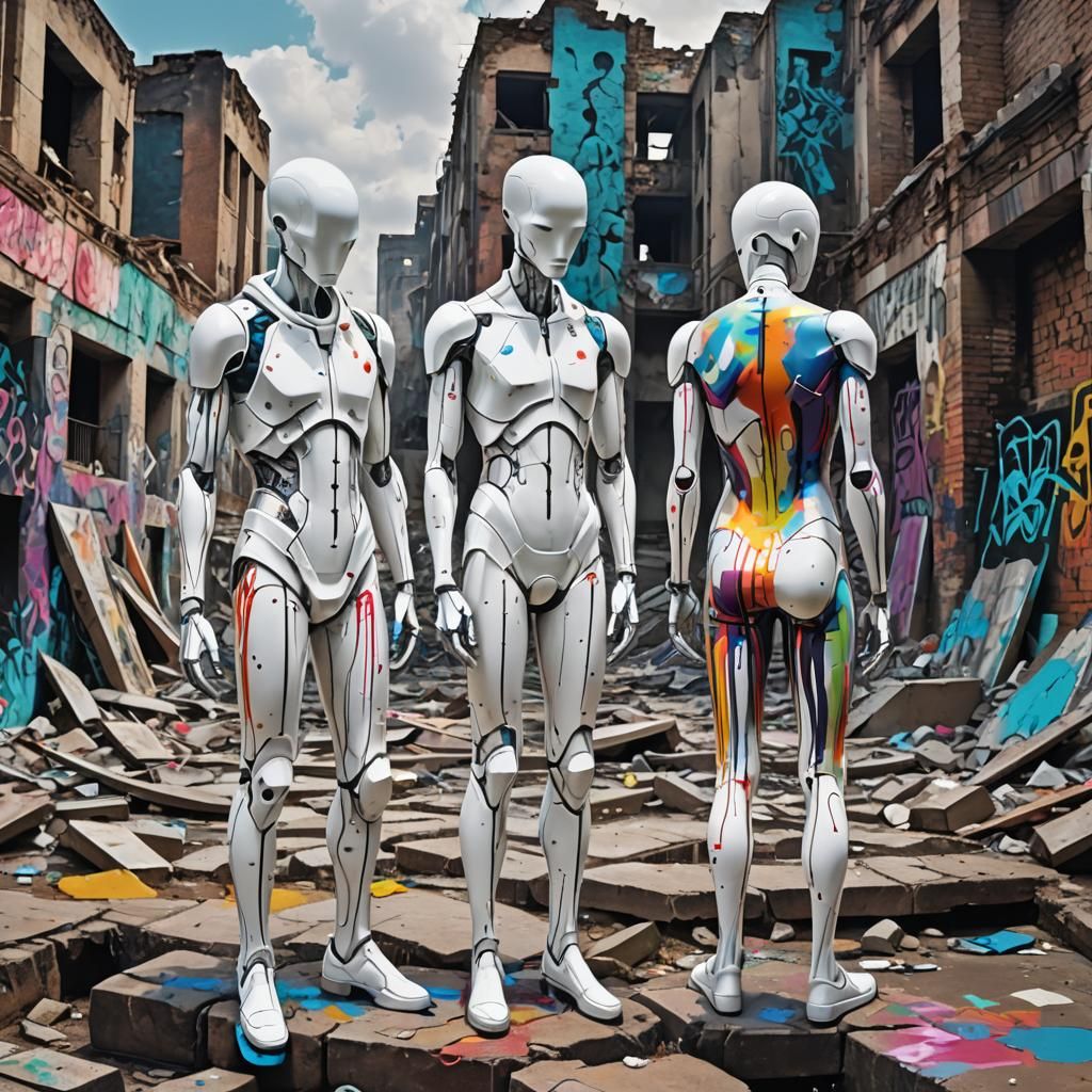 Mannequins in Alien Ruins: Graffiti Art Style