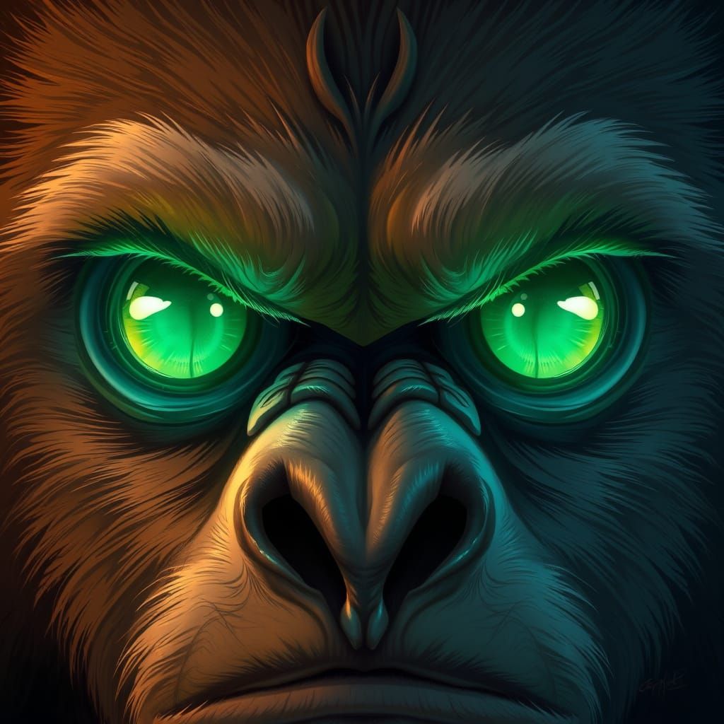 Mystical Sasquatch Portrait with Emerald Eyes