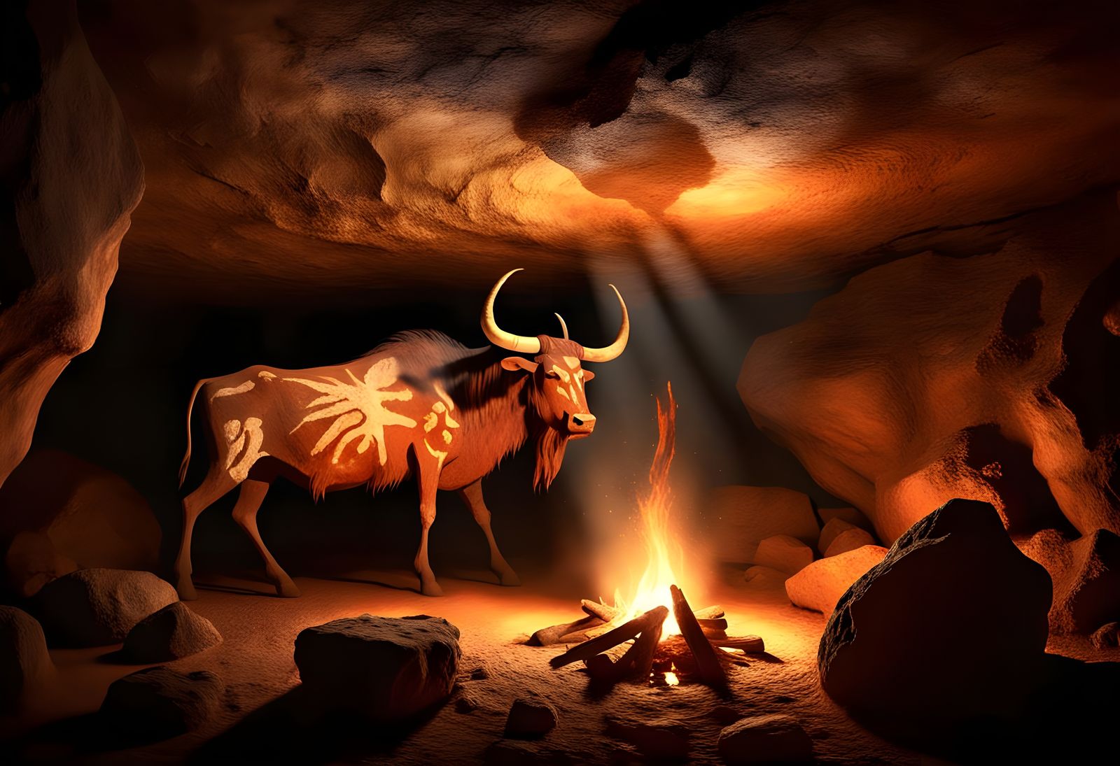 Ancient Auroch Cave Art with Campfire Light