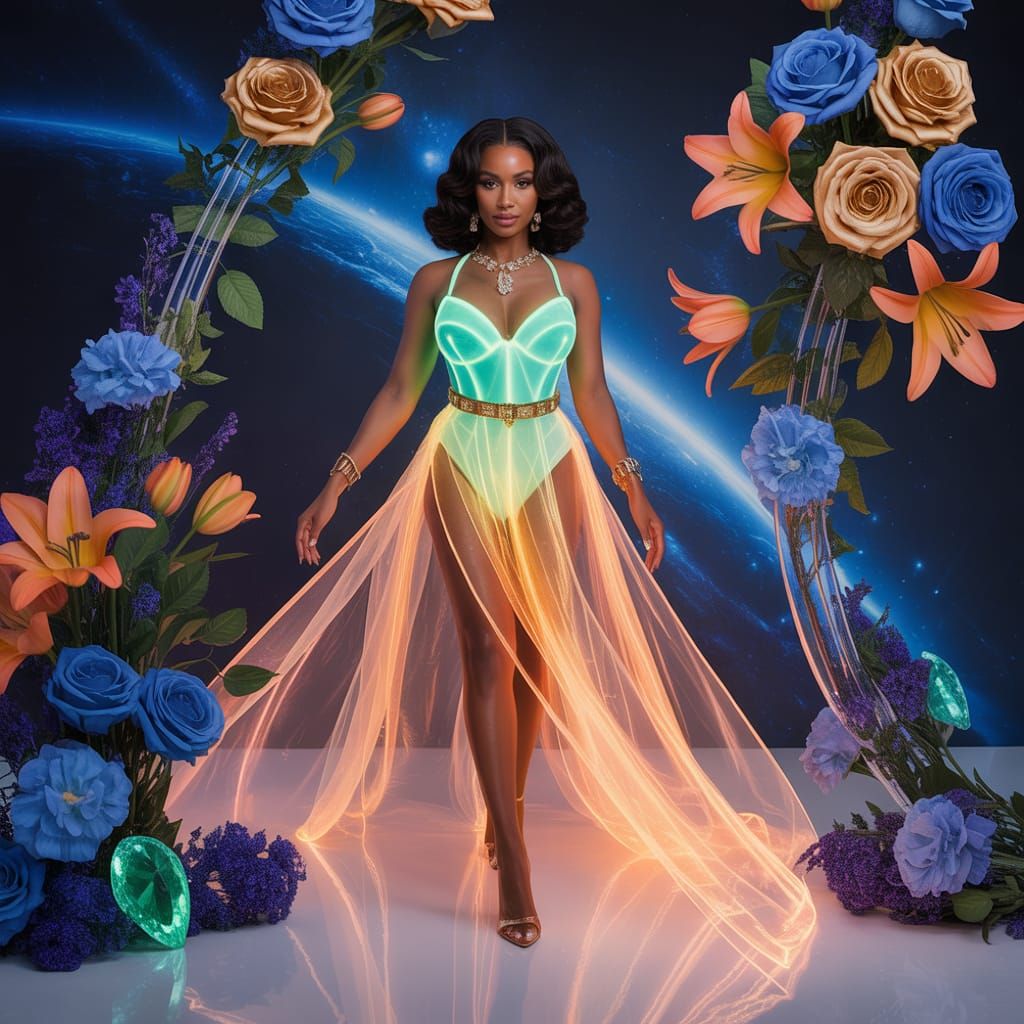 Cinna Candy in Bioluminescent Dress Among Cosmic Flowers