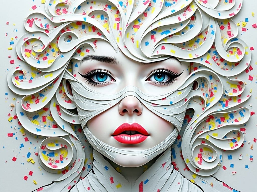 Cyberpunk Woman Sculpture in Swirling Ticker Tape