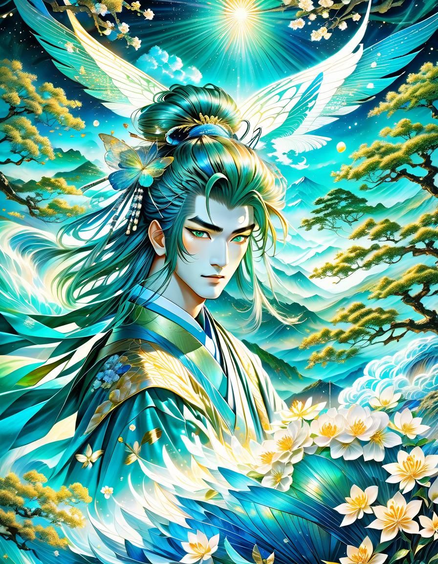Magical Samurai in Turquoise Blossom Landscape: Anime Poster