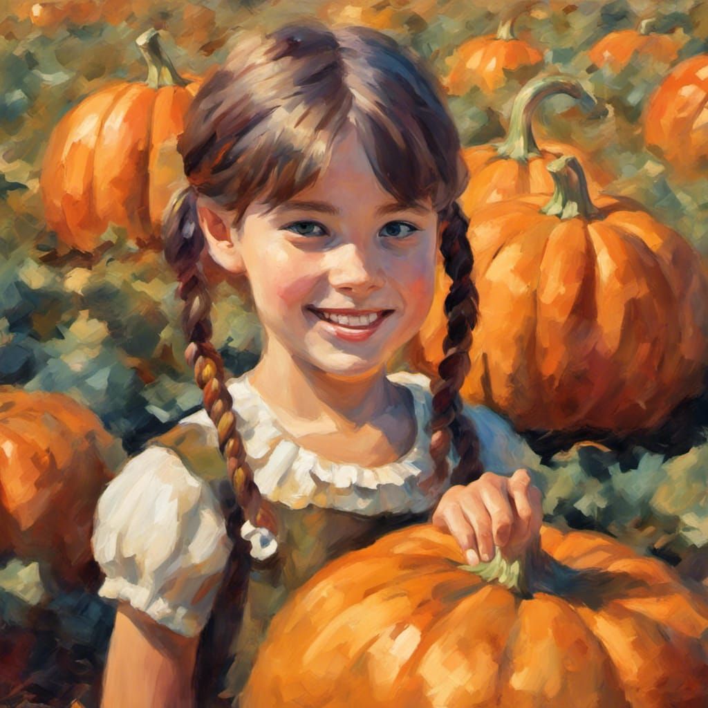 Girl with Pumpkins in Impressionistic Autumn Landscape