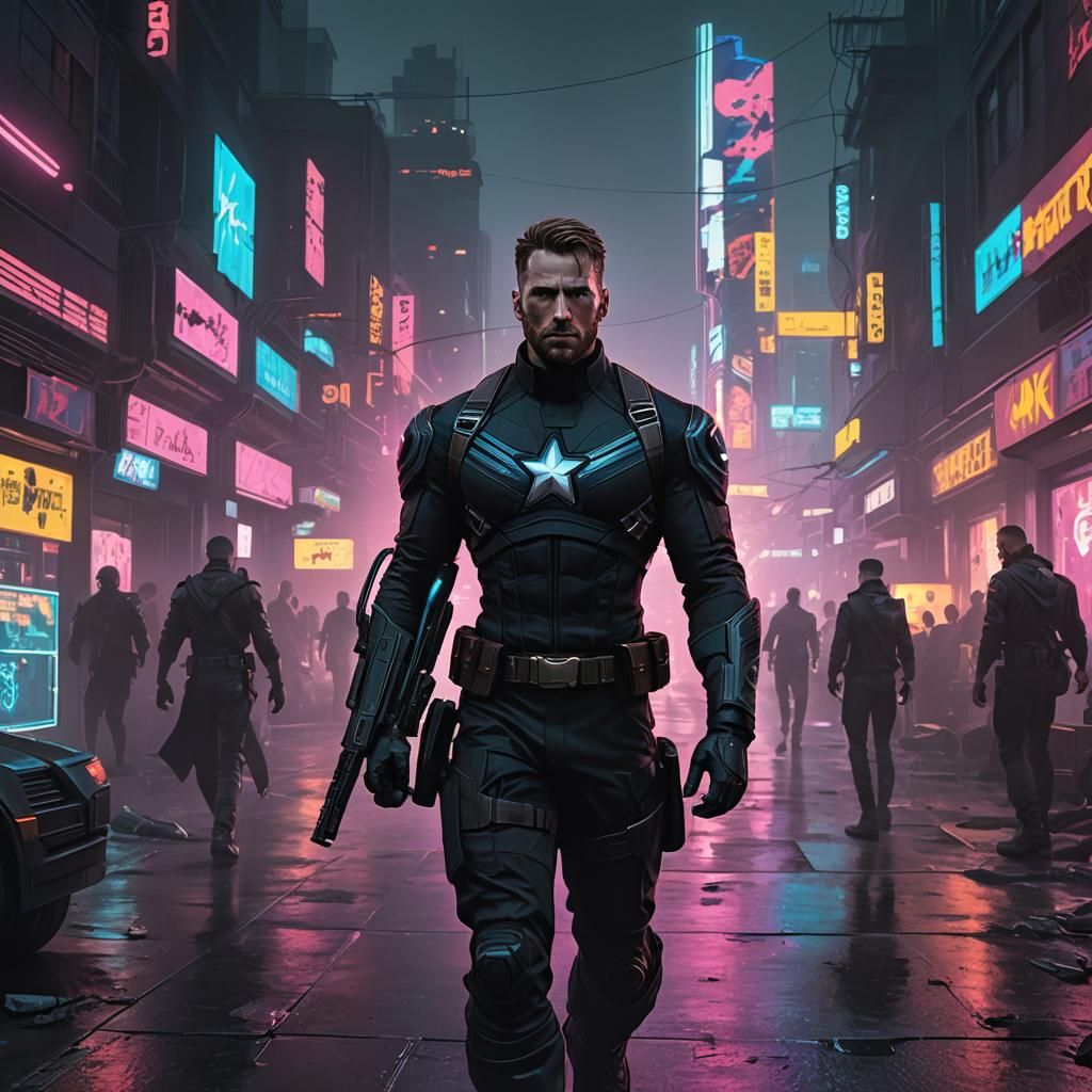 Captain America in Dark Suit, Cyberpunk Neon