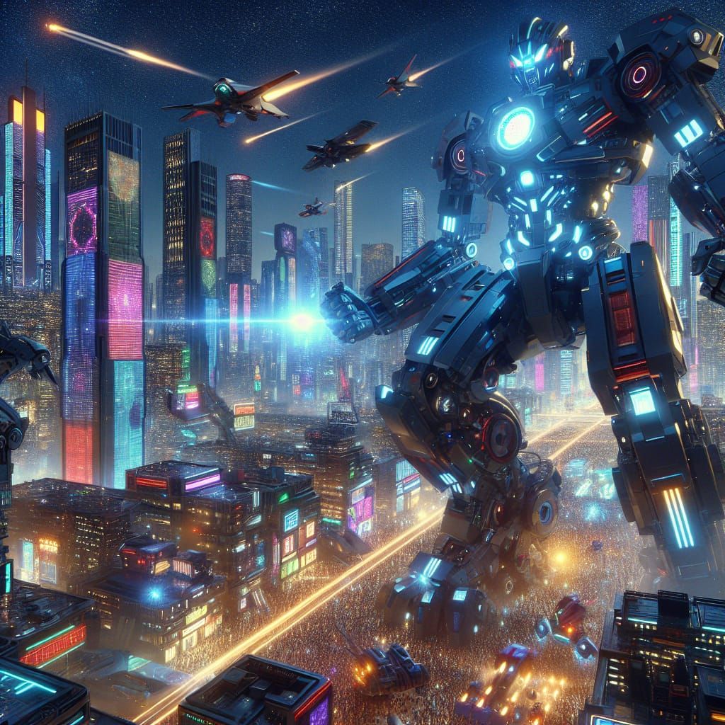 Cyberpunk Cityscape with Robot Battle Under Neon Sky