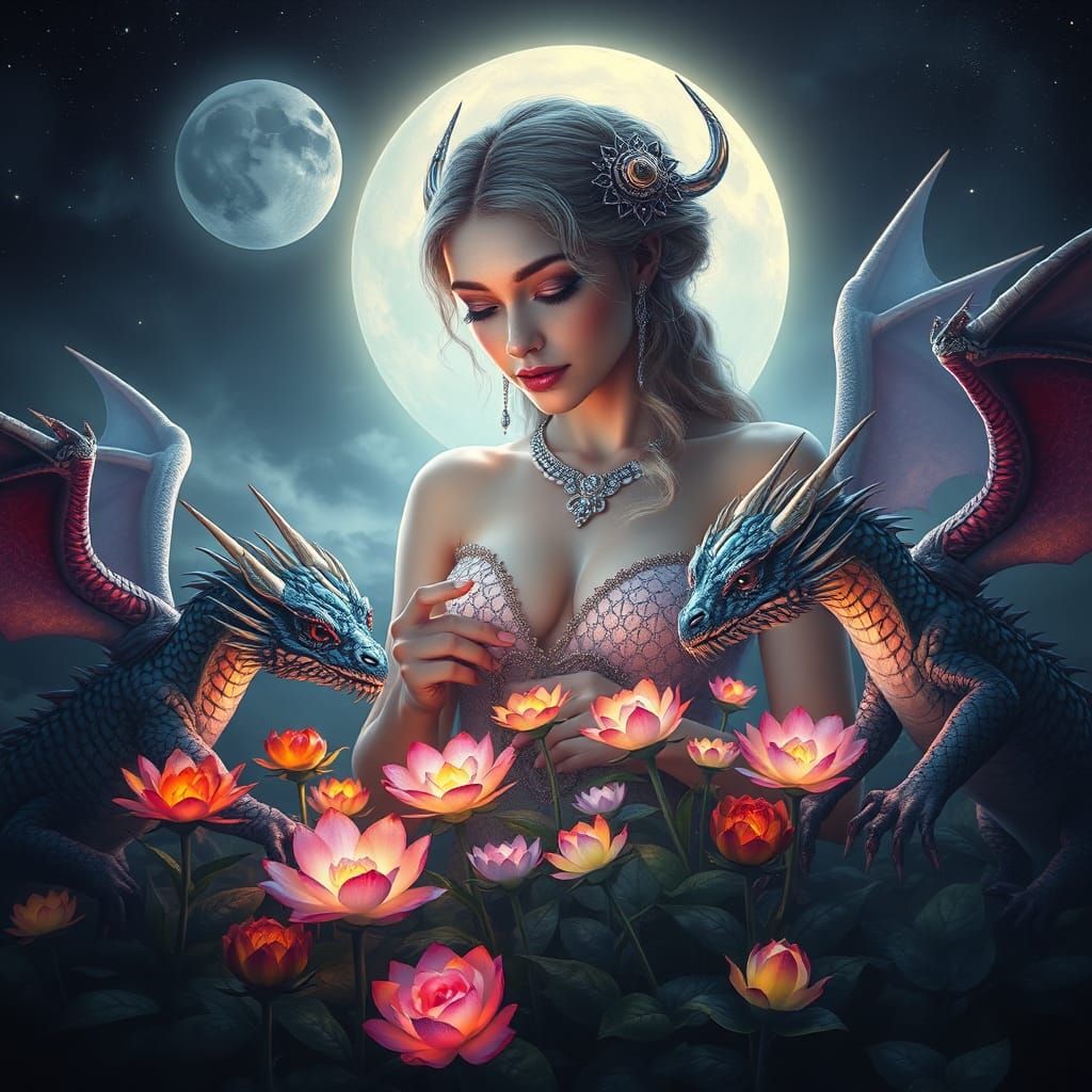Ethereal Woman with Dragons in Lunar Garden