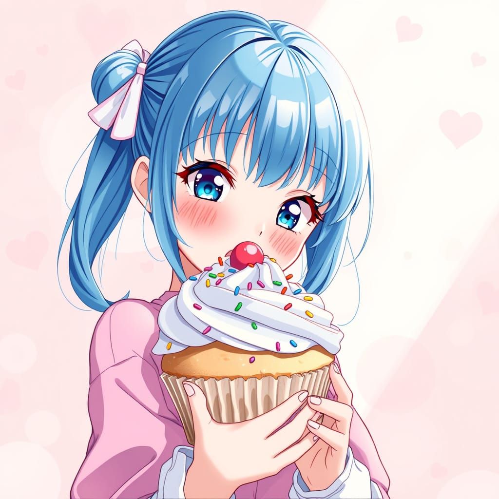 Vibrant Anime Girl with Cupcake in Whimsical Pastel Setting