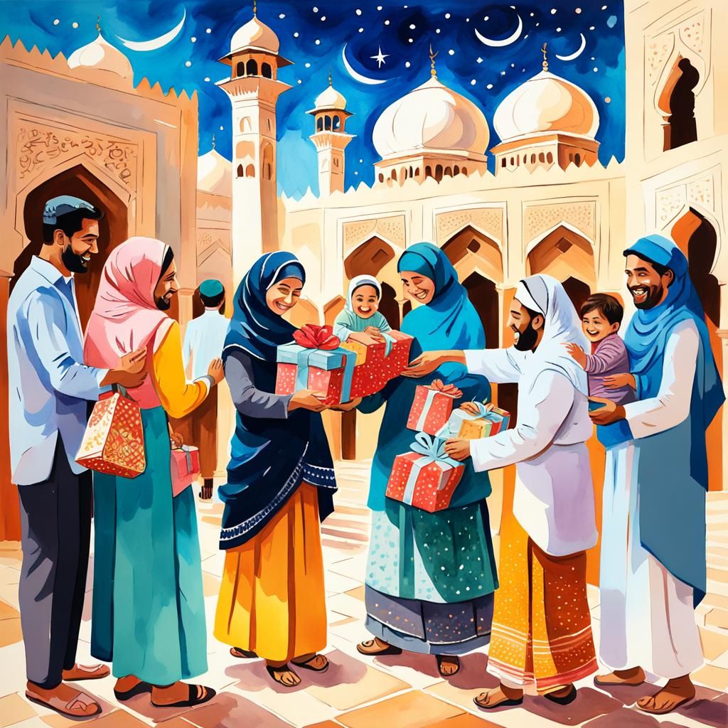 Eid Celebration: A Gouache-Style Impressionist Scene