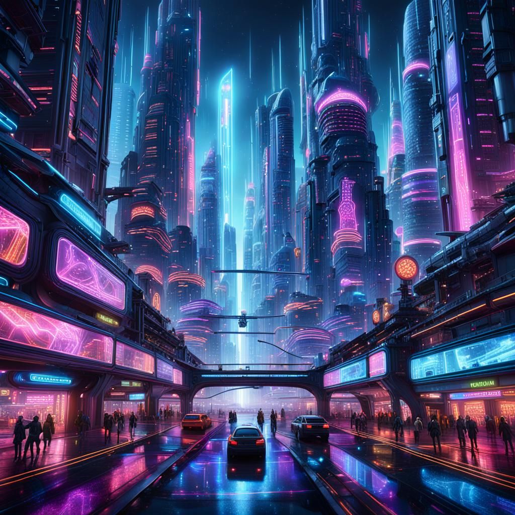 Hyperverse Metropolis with Neon Skyscrapers: Digital Art