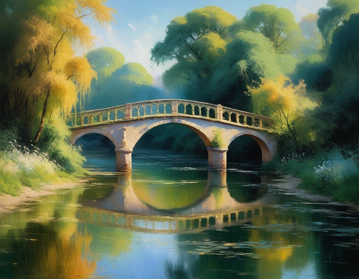 Impressionist Masterpiece: Majestic Bridge in Lush Landscape