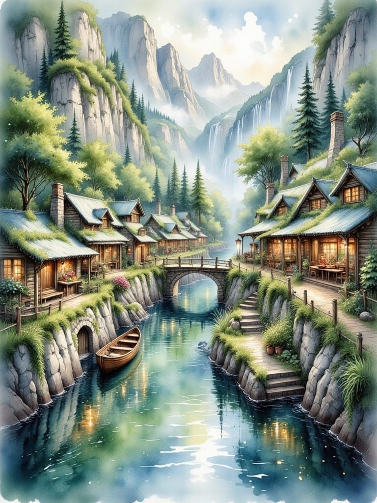 Dreamy Watercolor Village Amidst Misty Mountains