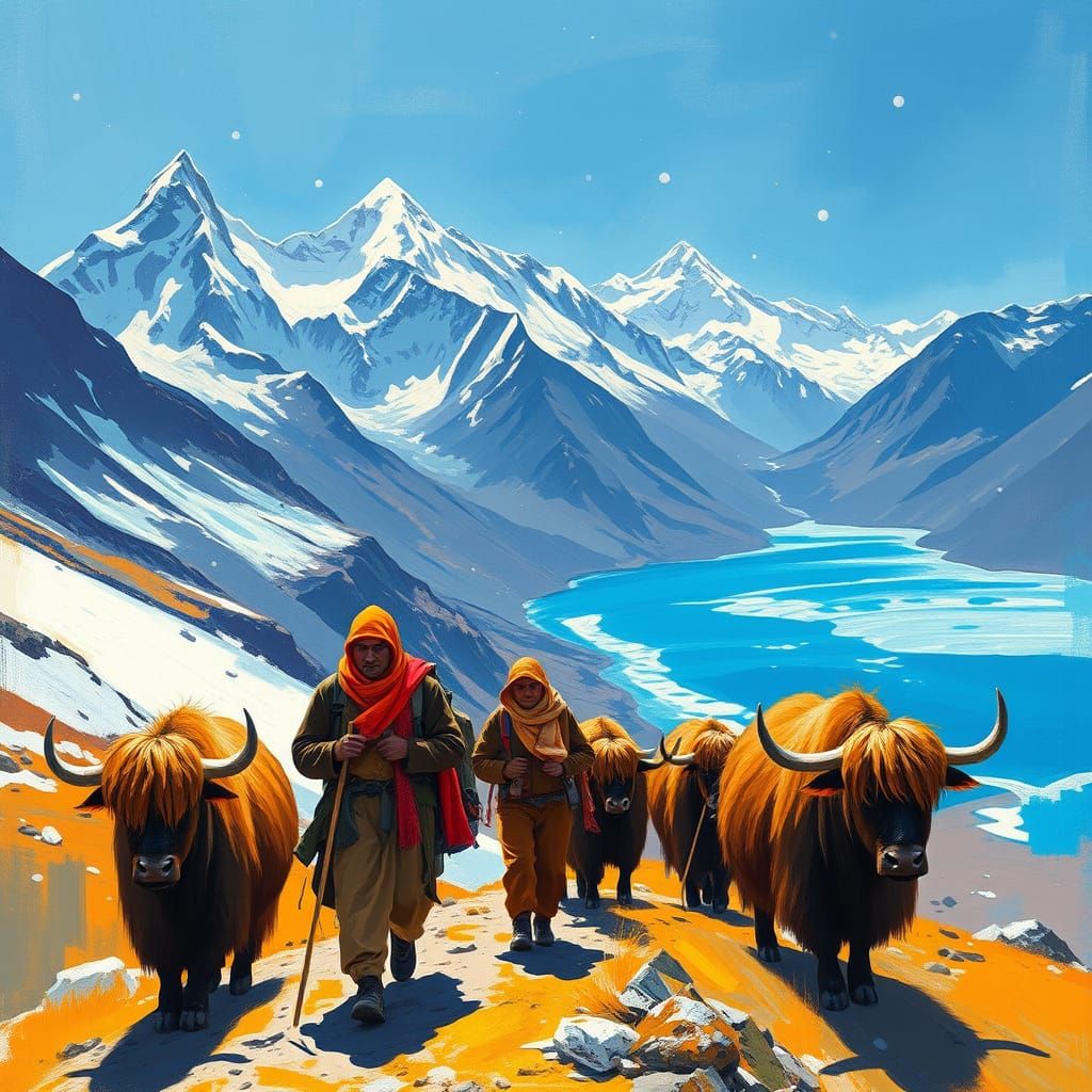 Trekking through Himalayan Peaks in Vibrant Earth Tones