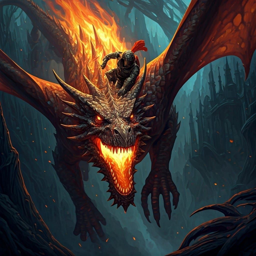 Knight on Blazing Dragon in Epic Fantasy Landscape