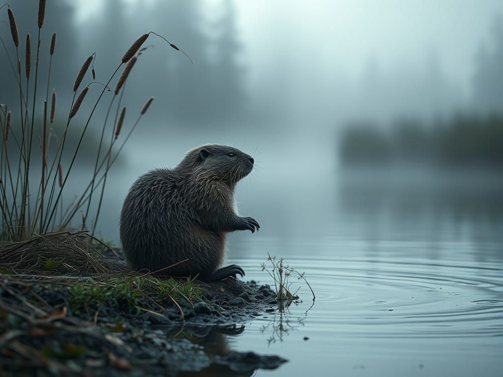 Lonely Beaver at Riverbank in Digital Painting