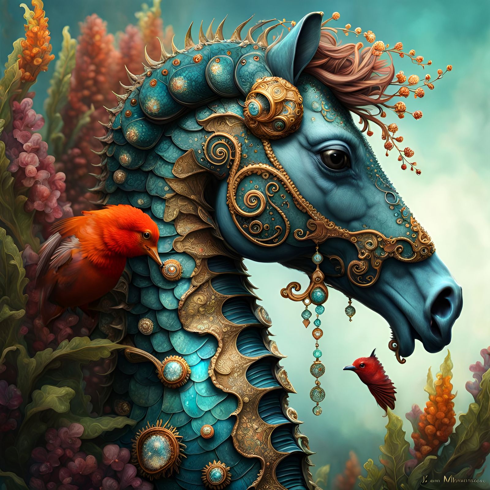 Seahorse and Robin Portrait in Fantasycore Style