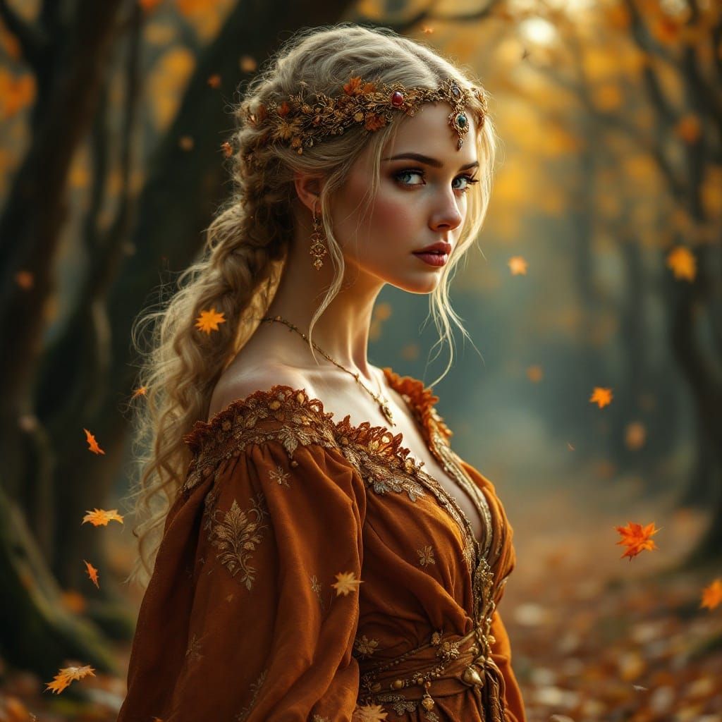 Germanic Goddess Zisa in Autumn Grove, Hyperrealistic
