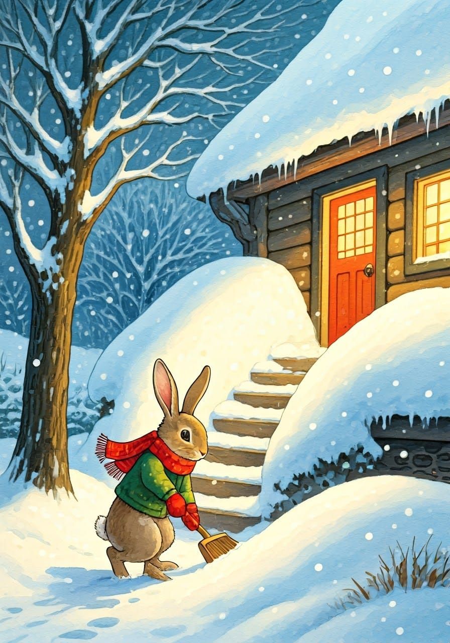 Snowy Cottage Stairway Clearing in Whimsical Watercolor Styl...