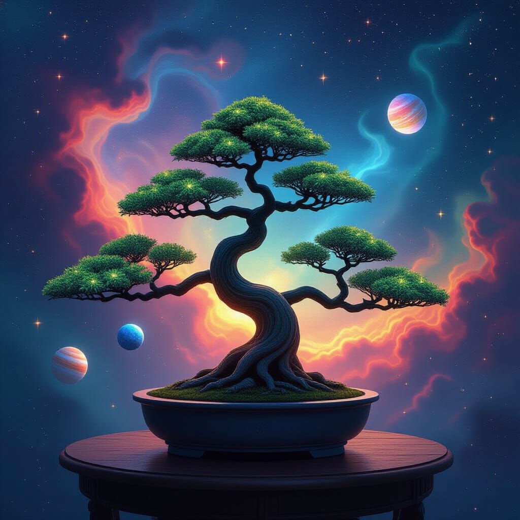 Bioluminescent Bonsai Garden in Space, Art Nouveau Style
