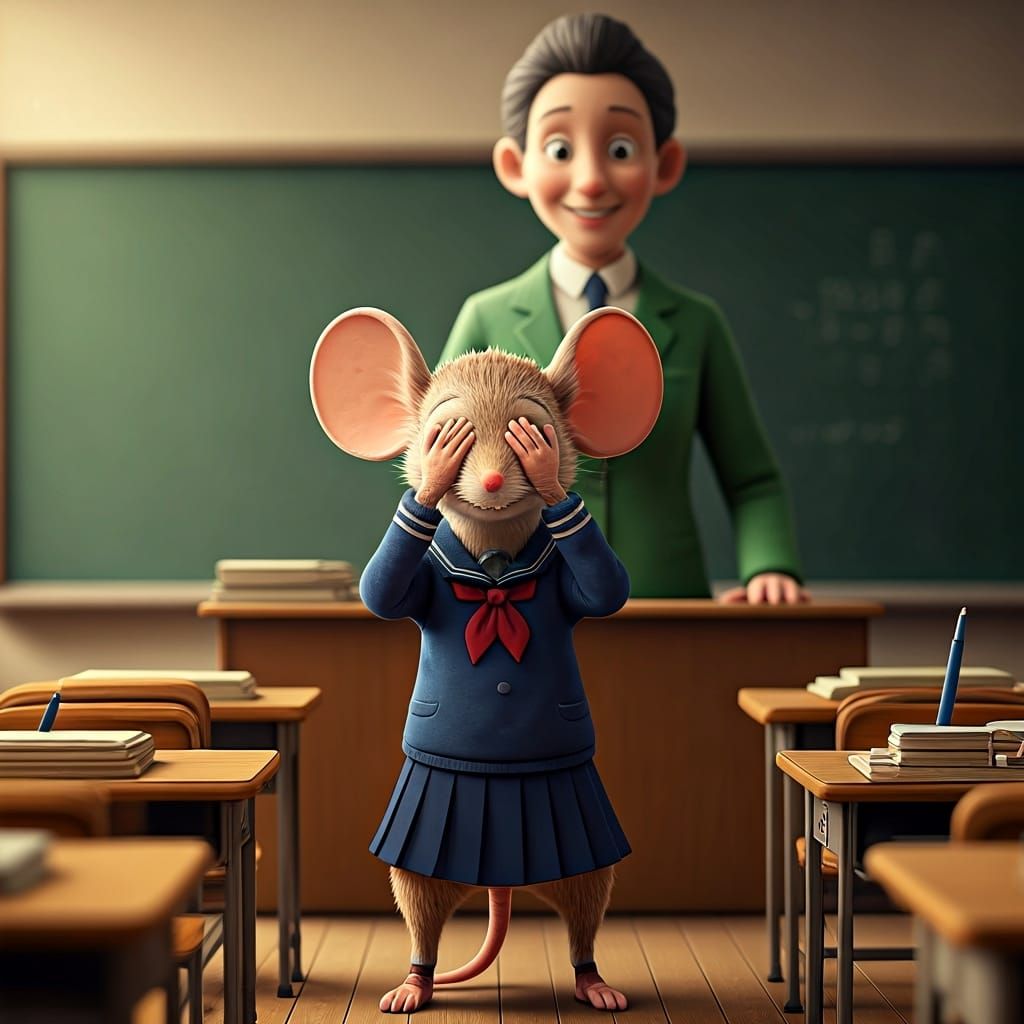 Shy Mouse in Classroom, Claymation Style