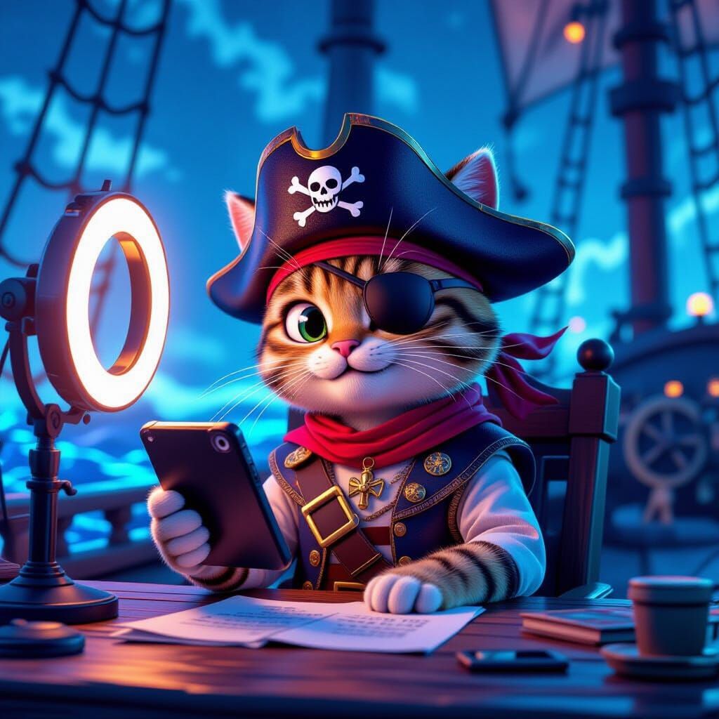 Gen Z Tabby Cat Pirate Records Video on Neon Cyberpunk Ship