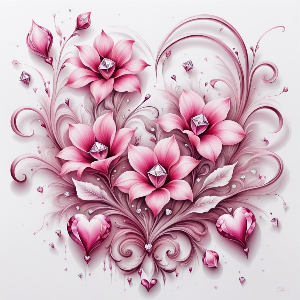 Airbrush Art: Pink Flowers, Diamonds and Hearts