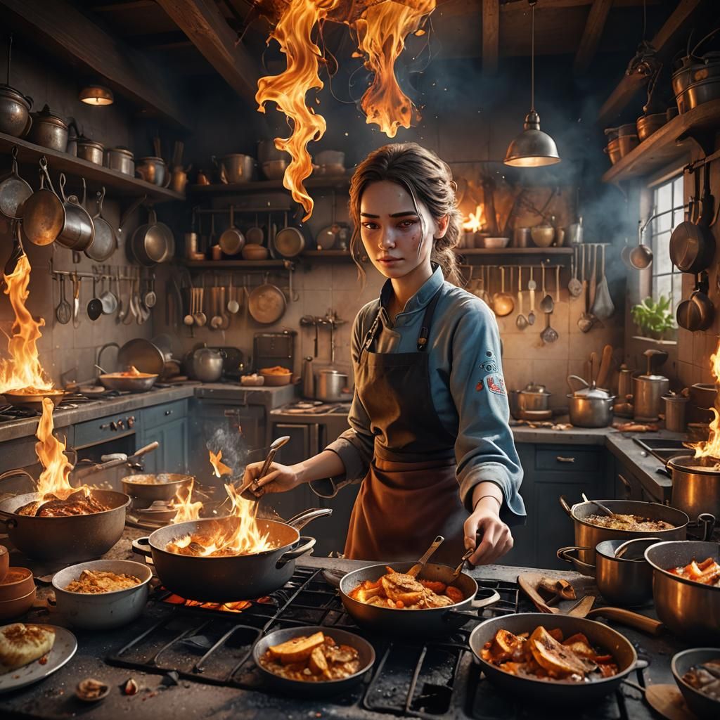 Cooking Catastrophe: Kitchen Flames in Detailed Matte Painti...