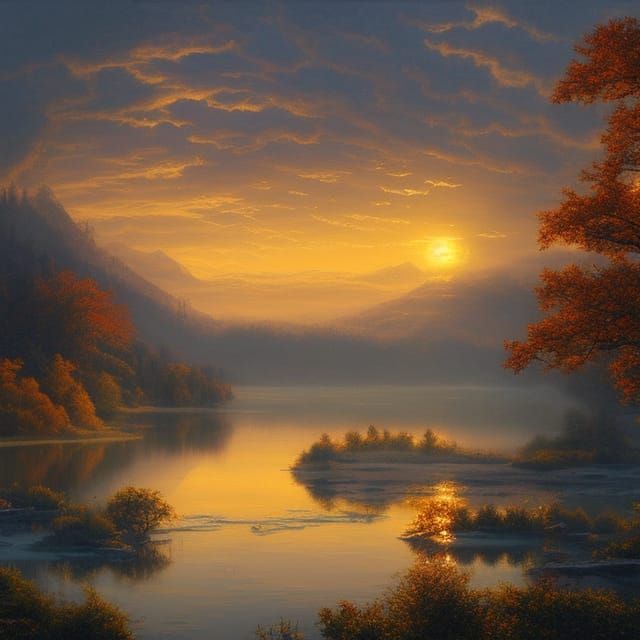 Autumn Sunrise Over Lake: Cinematic Oil Painting