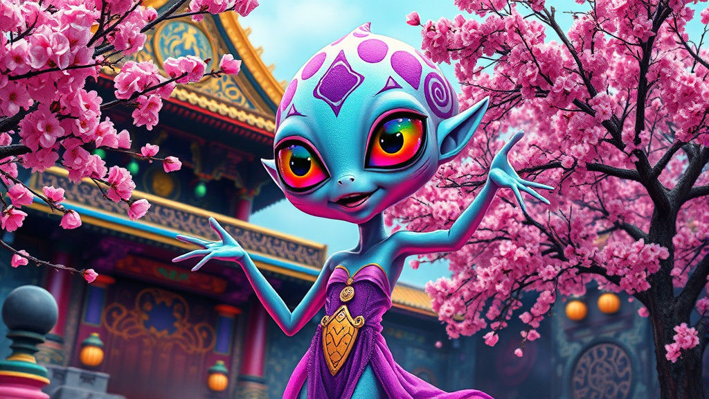 Dancing Alien in a Fluorescent Cherry Garden